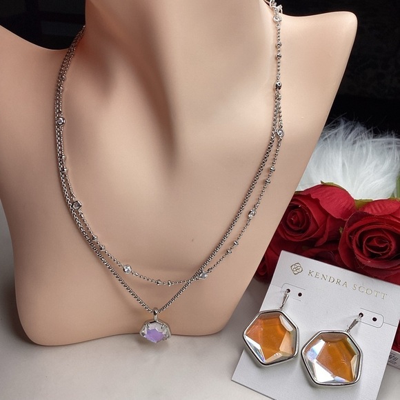 KENDRA SCOTT NECKLACE EARRING SET SILVER VANESSA DICHROIC GLASS RHINESTONES - Picture 1 of 10